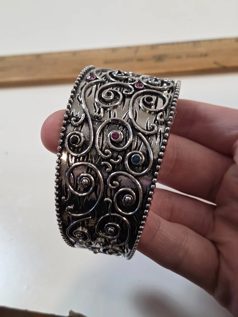 Silver Scrollwork Cuff Bracelet with Blue and Pink Stones